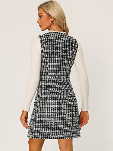 Allegra K Women's Pinafore Dress V Neck Button Down Pockets Vintage Sleeveless Plaid Tweed Dress4