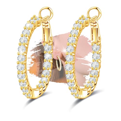 Sterling Silver Gold Large Hoop Earrings for Women - Hypoallergenic Cubic Zirconia Big Loop Earrings for Lady for Sensitive Ears Fashion Huggie Earrings,30MM