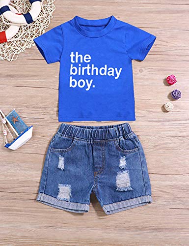 The Birthday Boy Clothes Baby Boy Short Sleeve Letter Print Shirt Denim Short Pants Cake Smash Outfit Set (Blue, 12-18 Months) #TOP1