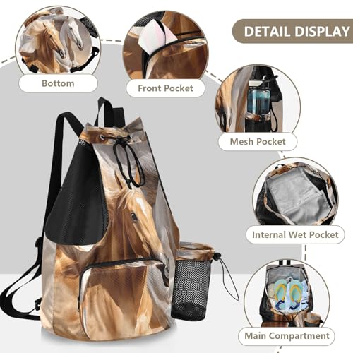 Mesh Gym Swimming Bags for Men & Women, Running Horse Oil Painting Large Drawstring Backpack with Dry-Wet Pocket, Lightweight Gym Bag for Sports, Travel, Beach, Workout Gear4