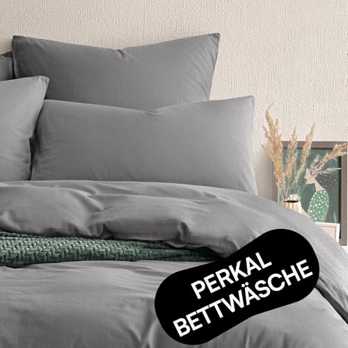 Seralino Bio Perkal Bettwäsche 135x200 Dunkelgrau| 100% Bio Baumwolle Perkal 135x200 inkl Kopfkissenbezug 80x80| weiche Stonewashed | mit...