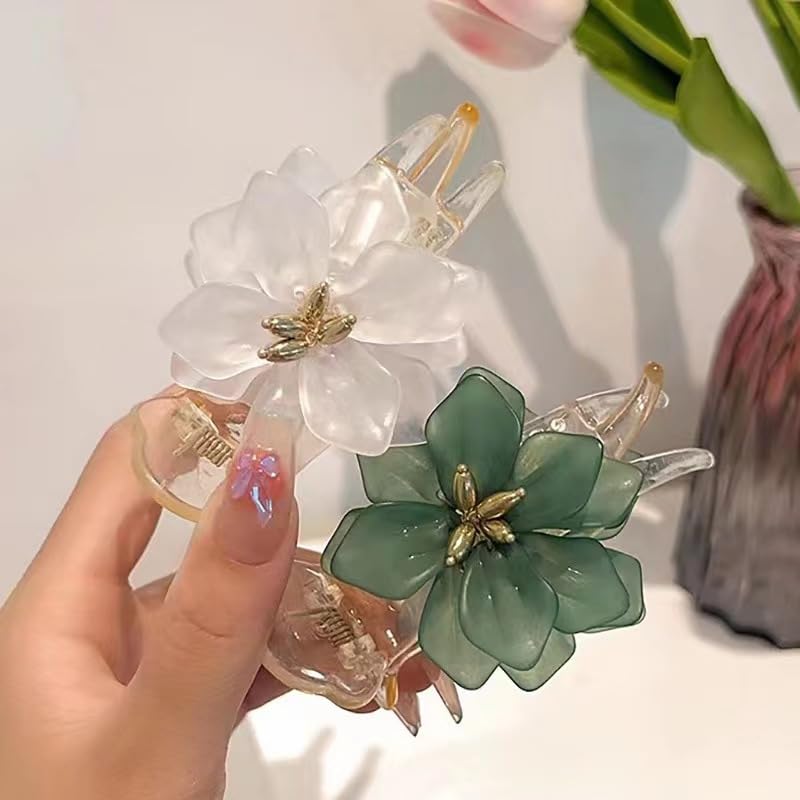 Miniatura 3 de Pinzas para el cabello de Camellia, flores blancas, pinza para cabeza de albóndiga de camelia, cola de caballo alta, horquilla fija de garra de