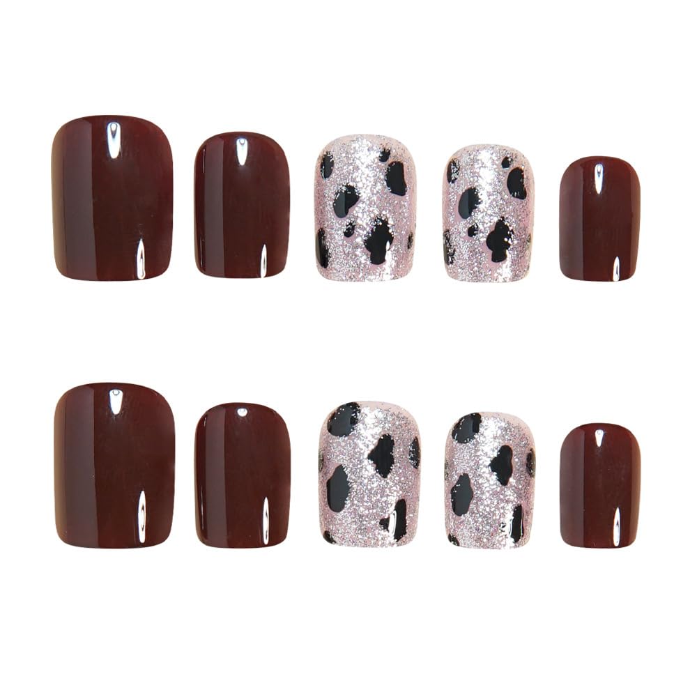 Wine Red Gradient Press On Nails With Gold Leaf And Heart Design_voghion.com