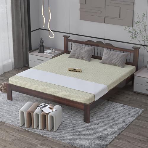Image of Solid Sheesham Wood Queen Size Bed Without Storage for Bedroom Solid Wooden Furniture Beds for Home Living Room (Walnut Finish)