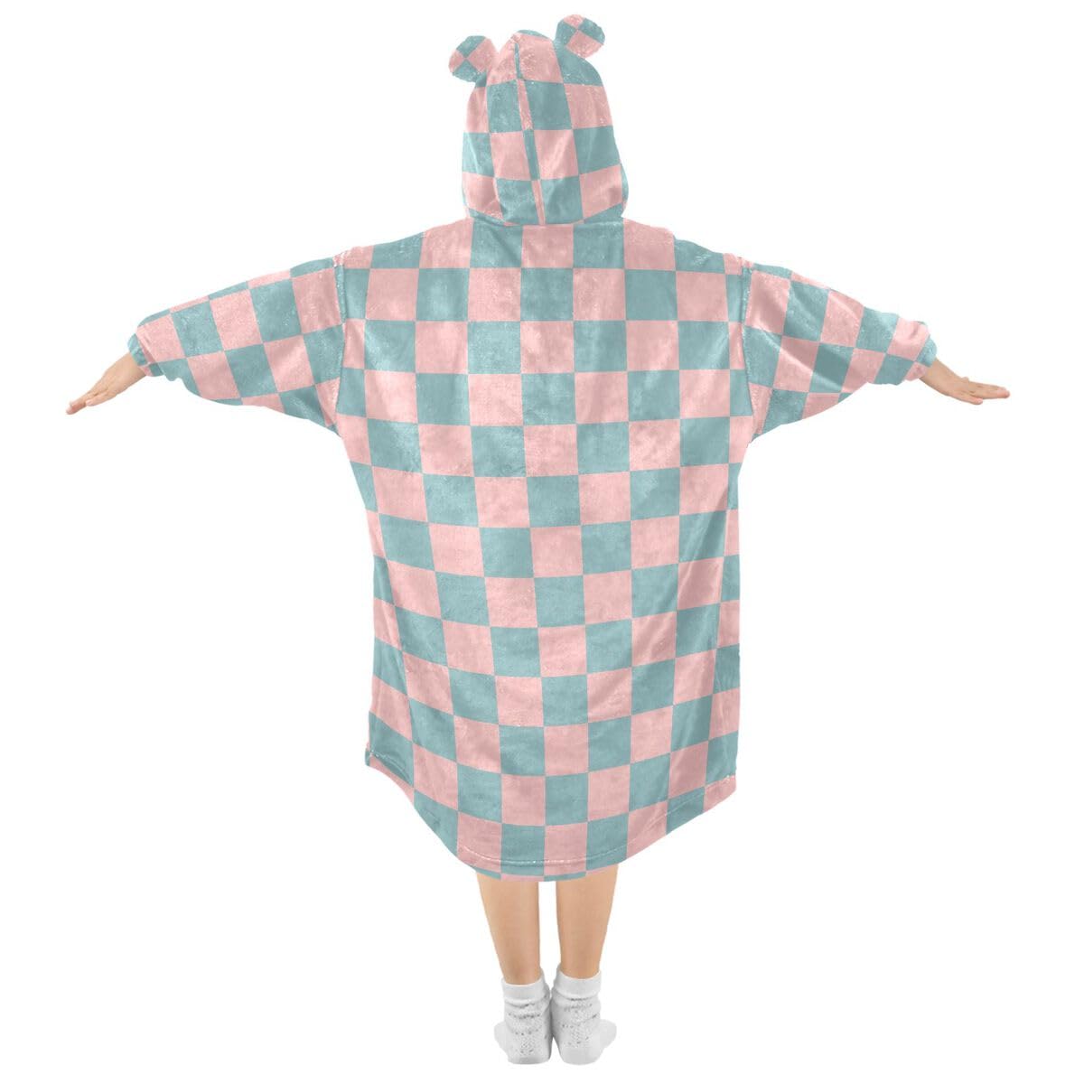 Dziecięcy koc w kratkę retro bluza z kapturem oversize bluza koc sweter niebieski różowy dla chłopców i dziewcząt w wieku 3-14 lat