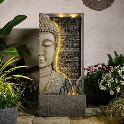 Tankana 47.5" Buddha Water Fountain Outdoor with LED Lights, Large Zen Garden Waterfall Feature with Double Bubblers and Stream, Resin Statue for Patio, Yard, Porch, Meditation Decor