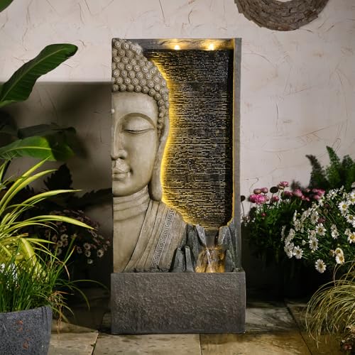 Tankana 47.5 Buddha Water Fountain Outdoor with LED Lights Large Zen Garden Waterfall Feature with Double Bubblers and Stream Resin Statue for Patio Yard Porch Meditation Decor