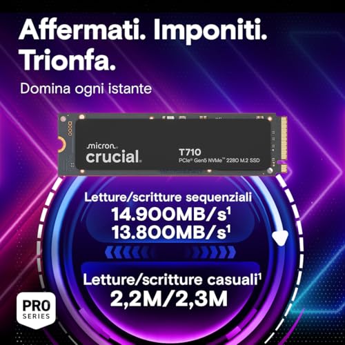 T710 SSD 1TB PCIe 5.0 x4 Gen5 NVMe M.2, Velocità fino a 14900 MB/s Lettura, 13700 MB/s in Scrittura, Notebook e PC Desktop, TLC NAND, Hard Disk Interno - CT1000T710SSD8-01 - Hdd - Immagine 1