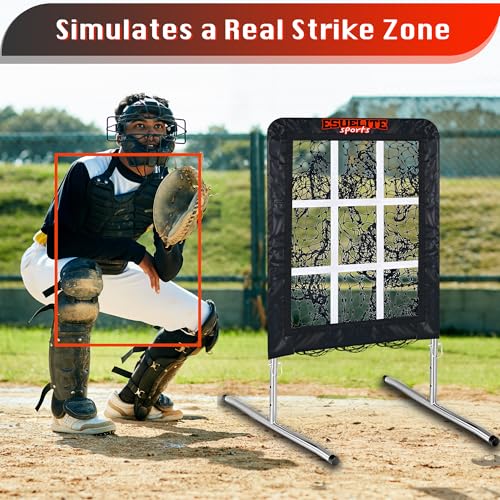 Image of 9 Hole Pitching Net with Strike Zone, Baseball Softball Pitching Target - Adjustable Height Portable Indoor Outdoor Training Equipment for Pitchers of All Levels, Coaches, and Players