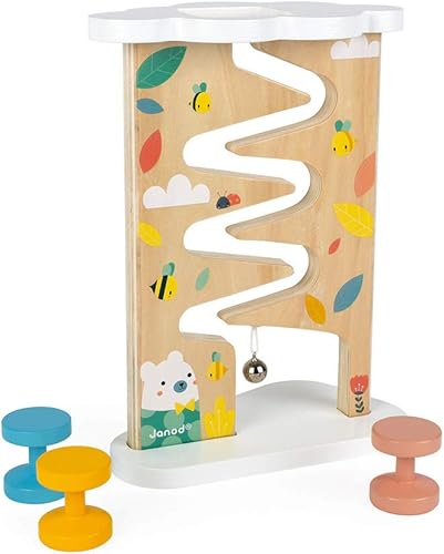 Miniatura 1 de Janod Pista de bolas de madera pura de abeja y oso pastel de 4 piezas, a partir de 12 meses, J05153