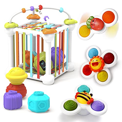 Toys for 1-2 Year Old Boy Girl, Baby Sorter Toys Colorful Cube with 12 Pcs Multi Sensory Toys, Montessori Toys for 1 Year Old, Sensory Shape and Suction Toys for Baby Set, Baby Toys 12-18 Months