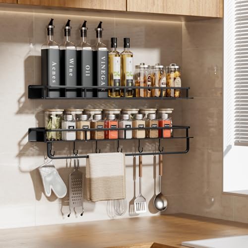 devesanter spice rack wall 2 pack 60cm with 6 hooks hanging spice rack kitchen shelf no drilling required hanging wall shelf for kitchen and bathroom organizer(Black) devesanter spice rack wall 2 pack 60cm with 6 hooks hanging spice rack kitchen shelf no drilling required hanging wall shelf for kitchen and bathroom organizer(Black)