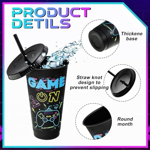 Uiifan 16 Pcs Video Game Party Plastic Cups with Lids and Straws 24 oz Iced Coffee Drinking Resuable Plastic Cups for Video Game Birthday Party Favor(Black) - Image 3