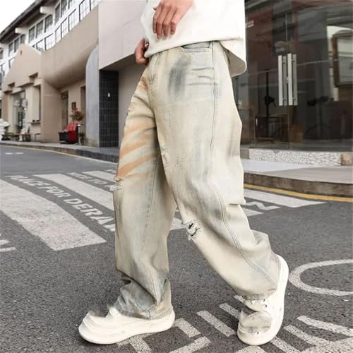 Men’S Punk Style Loose Fit Straight Leg Denim Street Pants Zipper Fly Midweight Full Length Trousers Pockets3