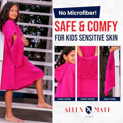 Image of ALLEN & MATE 100% Cotton Kids Hooded Surf Poncho Changing Robe, Quick Absorbent Wearable Swim Towel Boys & Girls, 6-13 Years
