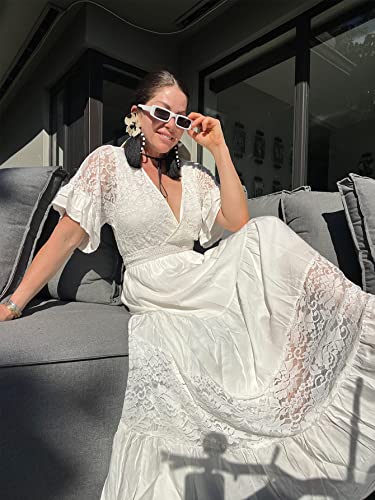 Simplee Women V Neck Formal Lace Maxi Dress Ruffle Flowy Short Sleeve Boho Wedding Guest Long Dress3
