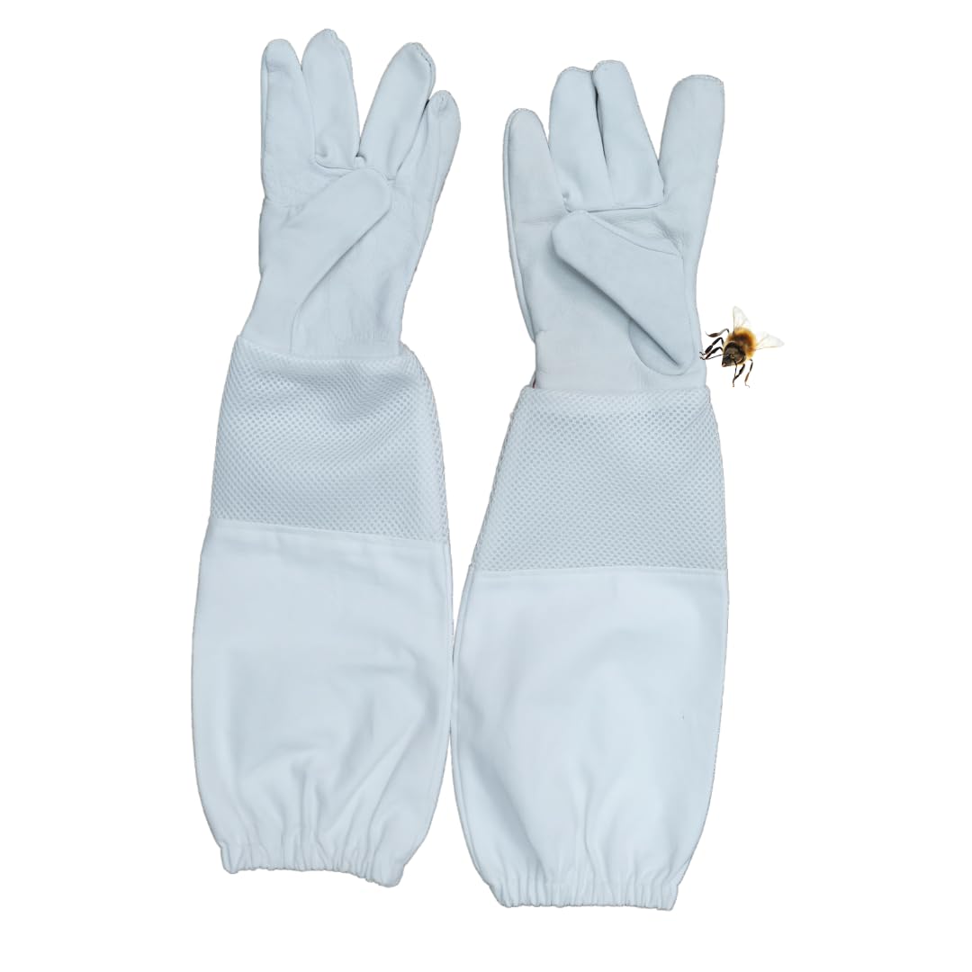 ANP BEE Premium Lather Beekeeping Gloves with Cotton Vented Mesh Long Sleeves and Elastic Cuff I Beekeeper's Protective Beekeeping Gloves I Prevent Beekeepers From Bee Sting I White, 50cm (Pack of 1)-image-0