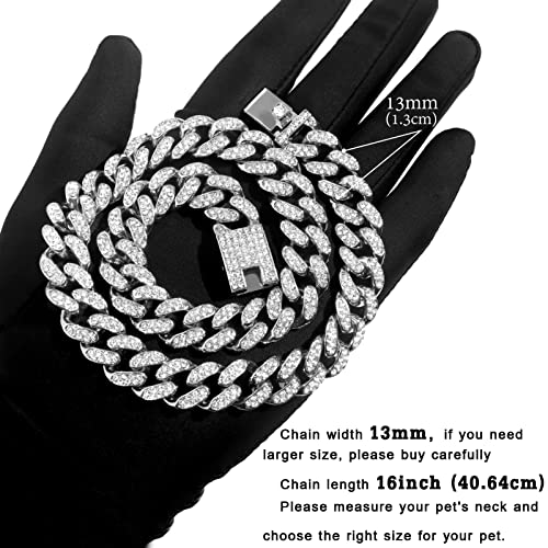 Image of Cuban Link Dog Collar Gold Silver Color Metal Dog Chain Collar Cuban Diamond Chain Pet Collars for Dogs Cats Jewelry 8 /10 /14 /16 /18 /20 /24 /28 Inch (16inch, Silver)