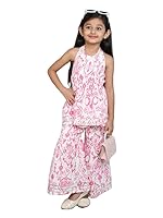 GORLYA Girl’s Cotton Sleeveless Printed Ethnic Peplum Kurta & Sharara Set – White & Pink