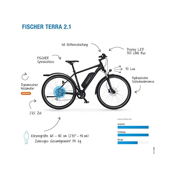 Fischer E-Bike ATB, Terra 2.1 Elektrofahrrad für Damen und Herren, RH 48 cm, Hinterradmotor 45 Nm, 48 V Akku, schwarz matt, 27,5 Zoll – Bild 3