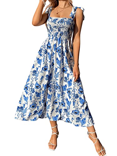 Floerns Women's Floral Print Tie Strap Square Neck Ruffle Boho Maxi Dress Blue White L