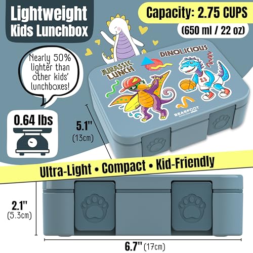 Image of BEARFOOT Kids Lunch Box with Compartments - Compact & Lightweight | Leak-Proof, BPA-Free, Dishwasher Safe | Hand-Drawn Design for Preschool, School, Travel (Dinos Blue, 2.75 Cups)