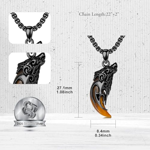 Collier loup argent avec pendentif dent de loup en obsidienne