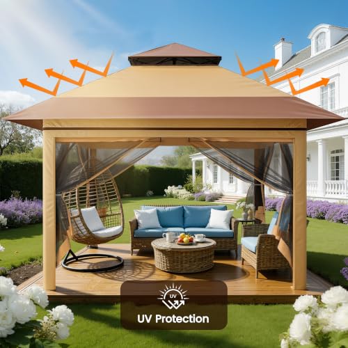 Driftalia 13x13 Pop Up Gazebo, Instant Outdoor Gazebo with Mosquito Netting, Vented Roof and Carry Bag for Patio, Garden & Backyard - Beige & Coffee - Image 6