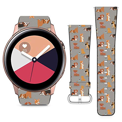 Compatible with Samsung Galaxy Watch Active // 20mm Leather Replacement Bracelet Strap Wristband with Quick Release Pins // Different Dogs Breed Cute Puppy