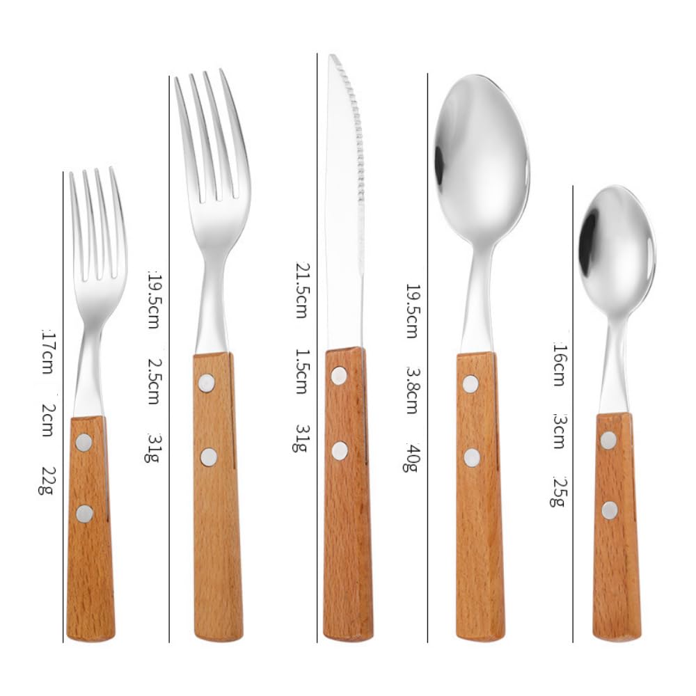 20 Pieces Solid Wood Handle Kitchen Stainless Steel Silverware Tableware Flatware Cutlery Knives Forks Spoons Set for 4 People,hotel Home Steak Knife Dessert Spoon (Light color)