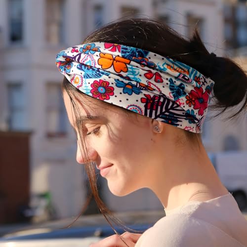 Image of DRESHOW 6 Pack Boho Non-Slip Headbands for Women Girls Yoga Workout Running Knotted Turban Floral Printed Elastic Head Wrap