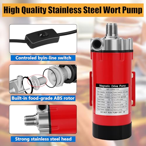 Image of Magnetic Beer Pump Wort Pump for Brewing, 304 Food Grade Stainless Steel Head Brew Pump Magnetic Drive Pump with Inline Switch & 1 /2 inch NPT Thread (Red)