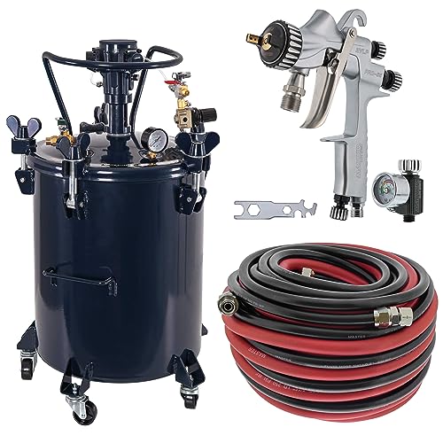 TCP Global Commercial 10 Gallon (40 Liters) Spray Paint Pressure Pot Tank with Air Powered Mixing Agitator with Master Elite 55 HVLP Pressure Feed Spray Gun 1.2mm Tip and 12' Air and Fluid Hoses