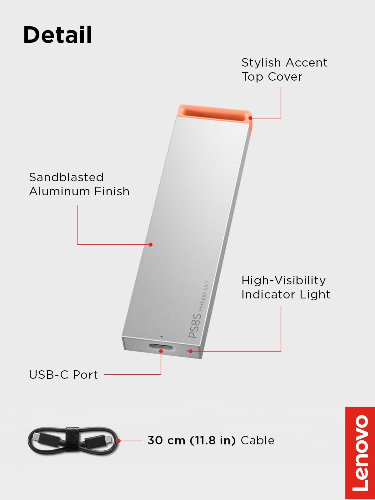 Lenovo PS8S SSD portatile da 2 TB, fino a 1050 MB/s in lettura, 1000 MB/s in scrittura, USB 3.2 USB-C, corpo in alluminio sottile e leggero (40 g), archiviazione affidabile per PC/Mac e Android