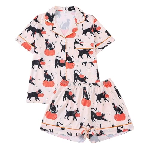 Generisch Pijama corto de Halloween para mujer, conjunto de pijama con botones, camiseta y pantalones cortos, disfraz de calabaza de dos piezas, traje de casa con esqueleto de calabaza estampado ropa