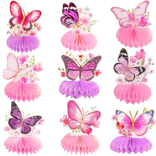 9 Pcs Butterfly Honeycomb Centerpieces, 3D Pink and Purple Butterfly Table Decorations with Floral Designs for Girls Birthday Parties, Baby Showers, Weddings, and Spring Garden Table Décor