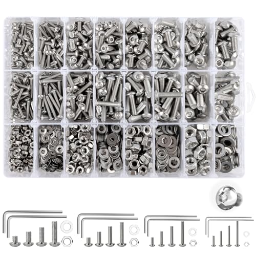 1280 Stk Schrauben Set, M3 M4 M5 M6 Gewindeschrauben Set 304 Edelstahl Linsenkopf Innensechskantschrauben mit Muttern Unterlegscheiben und Innensechskantschlüsseln Sortiment Set
