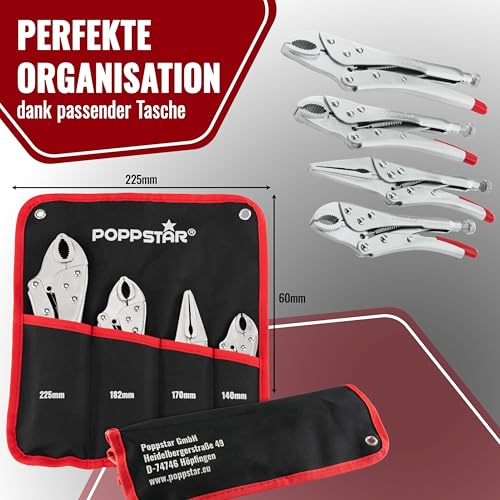 Poppstar Gripzangenset mit 3x Gripzange (225/182 / 140 mm) und 1x Langbeckzange (170 mm) inkl. Tasche