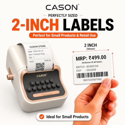 Image of CASON Mini Label Printer Machine | Vintage Thermal Label Maker for Home, Office, Storage, Packaging & Small Business, Bottle Label Machine,30-52mm Label Adjustable Paper