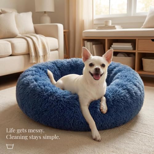 Image of ZEXSAZONE Round Donut Pet Bed for Cats and Puppies, Dogs, Cozy and Plush, Raised Bedside Support, Both Sides Use as 2-in-1, Washable, Sizes for Small, Medium, and Large Pets. (Blue, Small)