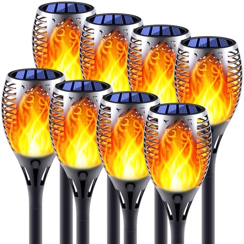 Permande Solar Torch Lights with Flickering Flame, Fire Effect Garden Light, Auto On/Off Dust to Dawn, Outdoor Waterproof Landscape Decoration, Powered Security Light for Patio, 8 Pack