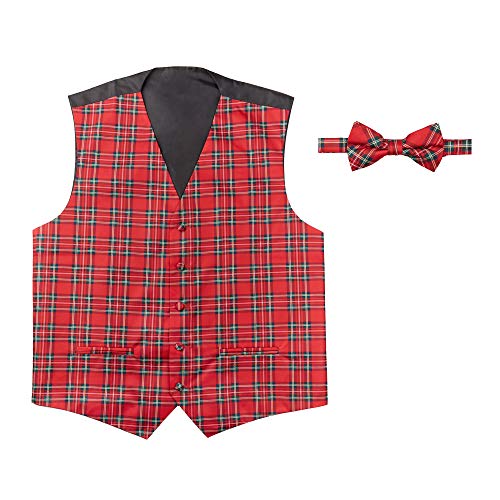 Jacob Alexander Red Christmas Plaid Men's Vest and Pre-Tied Banded Bow Tie Set