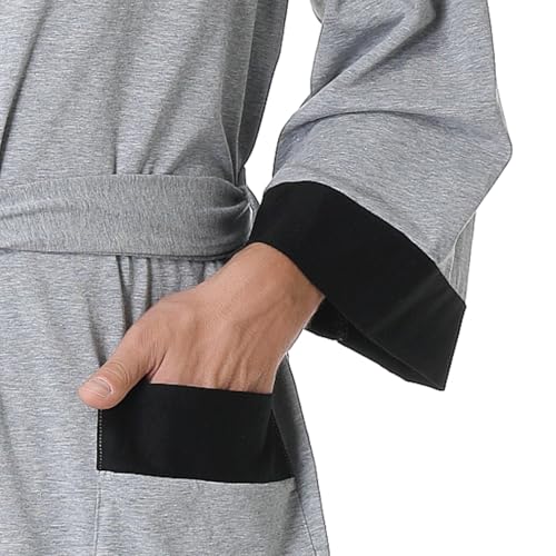 KEMUSI Men's Summer Knee-Length Breathable Absorbent Sleepwear Bathrobe, Mid Sleeve, Grey with Black Trim, Soft and Comfy4