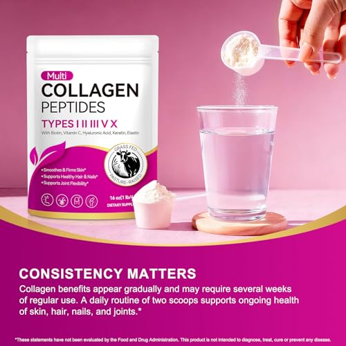Multi Collagen Peptides Powder | Types I, II, III, V, X | 16 Oz (41 Servings) Hydrolyzed Collagen Peptides | Supports Healthy Skin, Joints, Hair, and Nails | Unflavored & Dissolves Easily - Image 6
