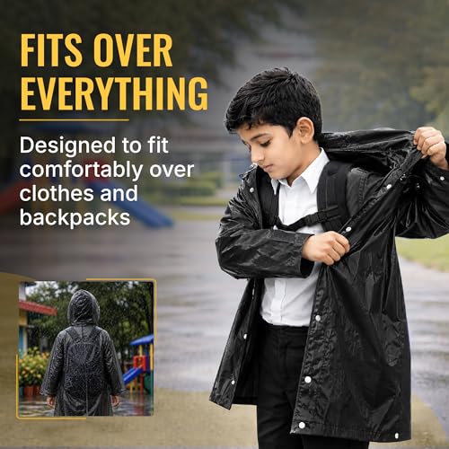 Image of Robustt Kids Eva Raincoat for Boys & Girls (8-16 Years) with Full Sleeves with Elastic Cuff | Unisex Hooded Kids Rain Coat with Drawstring | Reusable Raincoat with Snap Button Closure | Knee Length
