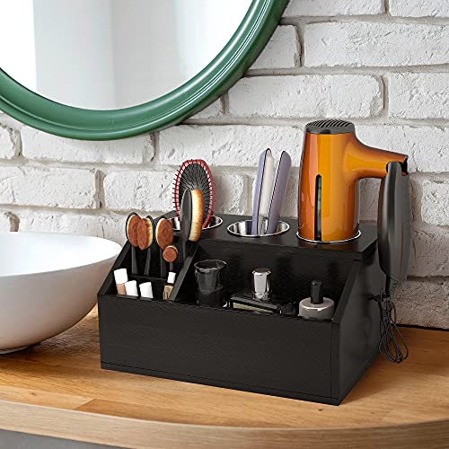 Aktop Wooden Hair Tool Organizer - Blow Dryer Holder, Hair Styling Tools & Accessories Organizer, Bathroom Vanity Countertop Storage For Hair Dryer, Flat Irons, Curling Irons - Hold Hot Tools, Black #TOP2