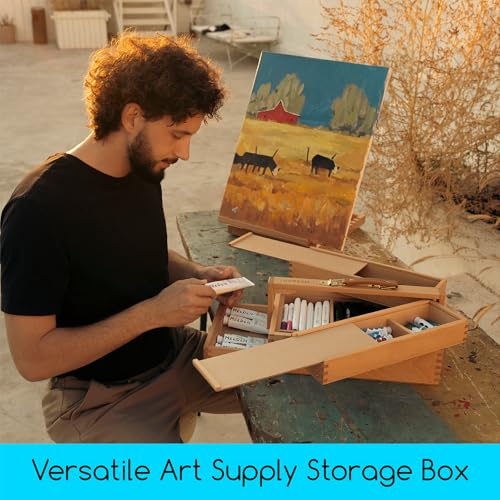 Image of MEEDEN Portable Artist Supply Storage Box: Foldable Beech Wood Box | Multi-Function Artist Tool & Brush Storage Box with Compartments & Drawer for Pastels, Pencils, Pens, Markers, Brushes