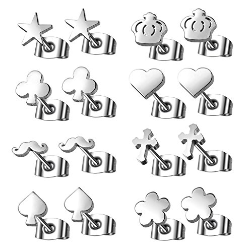 8 Pairs Assorted Wholesale Lot Cute Stainless Steel Stud Earrings (01. 4mm, Steel)