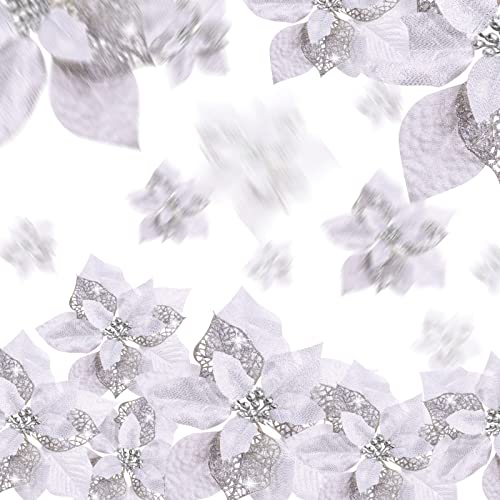 Geosar 72 Pieces 3/4/6 Inches Christmas Artificial Glitter Poinsettia Flowers Ornaments Xmas Flowers Wedding for Christmas Tree Ornaments(Silver) - Image 4
