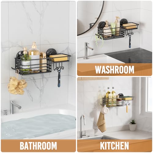 Image of LEVERLOC Suction Cup Shower Caddy, Black Bathroom Shelf Shower Organizer With Hook And Soap Holder, No Drill Bathroom Caddy
